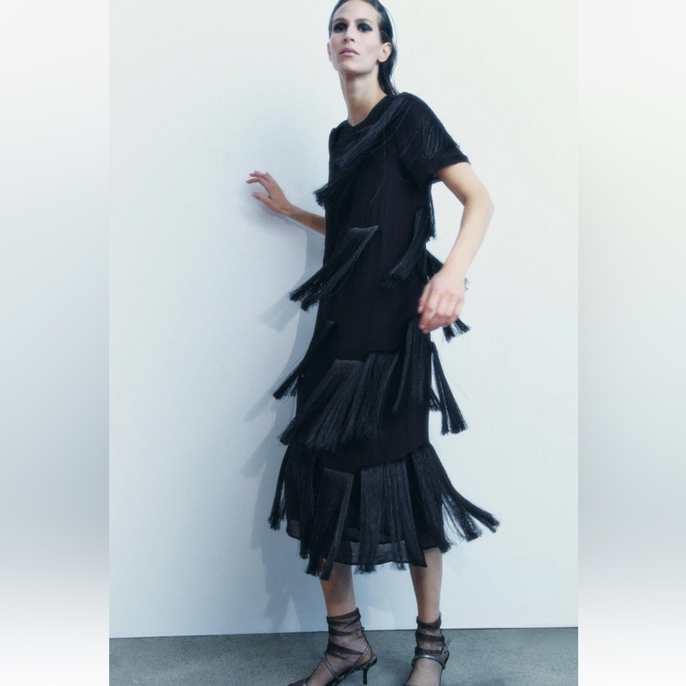 ZARA COLLECTION Fringed Midi Dress Black Short Sleeve Size Small BRAND NEW